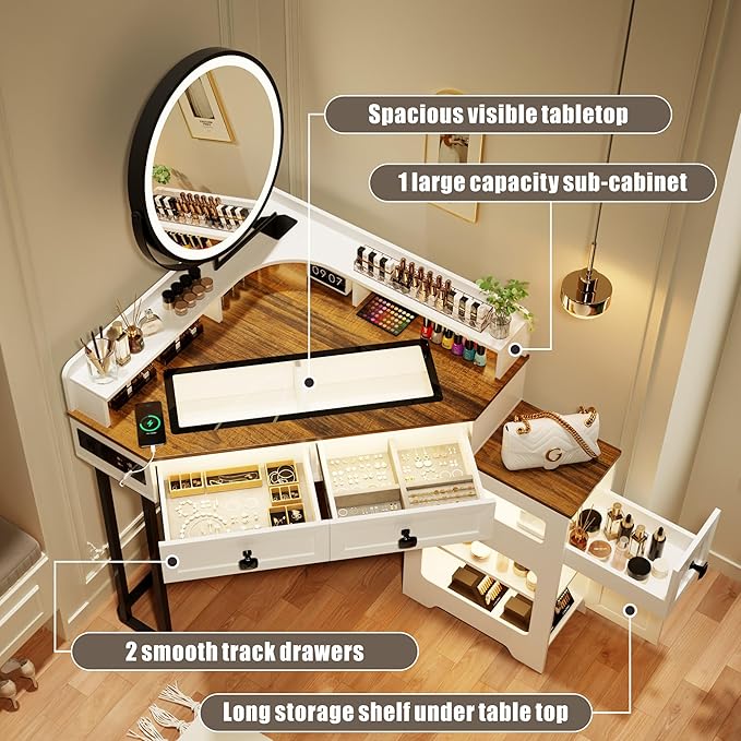 FREDEES Makeup Vanity with Mirror and Lights, Corner Vanity Table with Charging Station for Bedroom/Cloakroom, Glass Top Vanity Set with Drawers and Shelves, White