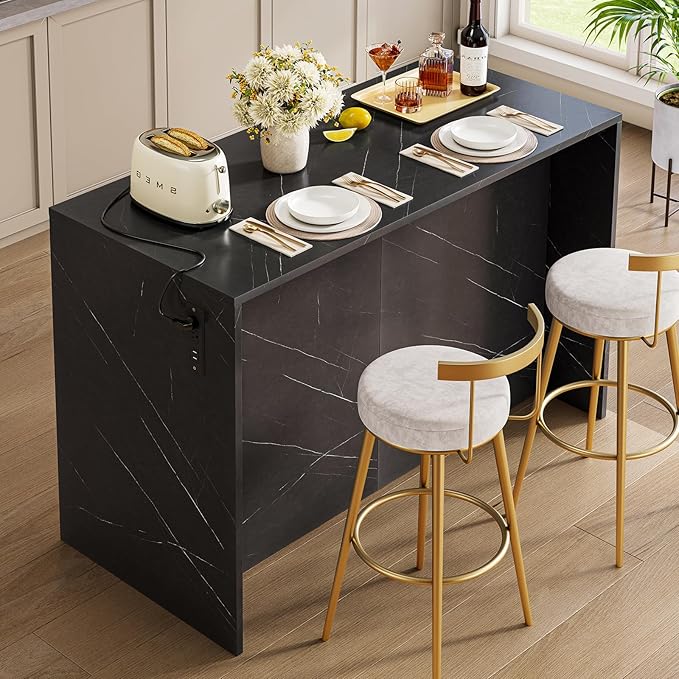 ONBRILL 47.3" Kitchen Island with 2 Storage Cabinets & 4 Drawers, Modern Imitation Marble Dining Table with Power Outlet, Island Bar Table for Kitchen, Dining Room, Living Room, Black