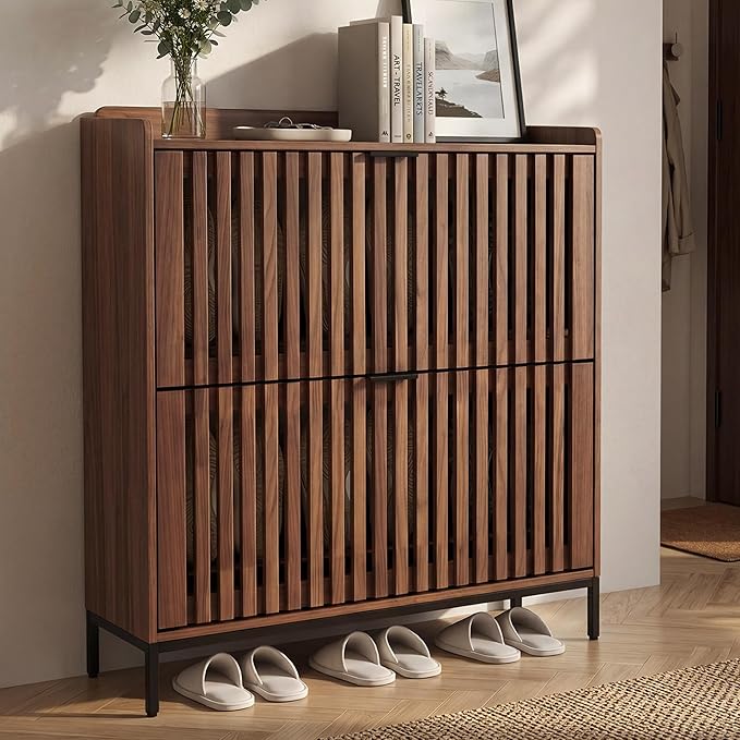 Shoe Cabinet for Entryway, Modern Slim Shoe Storage Cabinet with 2 Flip Drawers, Freestanding Narrow Shoe Rack Organizer with Breathable Slatted Doors & Adjustable Footpads for Hallway & Foyer, Walnut