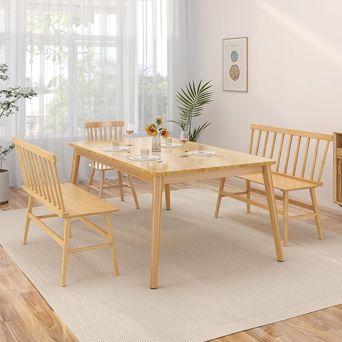 Bamboo Dining Bench, Entryway Bench with Spindle Back Farmhouse Wood Windsor for Foyer Balcony Living Room (Nature)