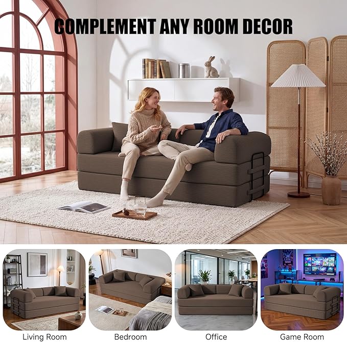 79" Compressed Sofa, Convertible Sofa Bed, Corduroy Compression Boneless Couch with Pillow, Comfy Modular Foldable Floor Sleeper Sofa for Bedroom, Living Room, Lounge, Studio (Brown)
