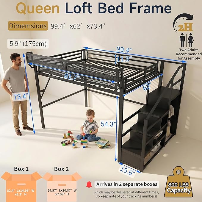 Mirightone Queen Size Loft Bed with Stairs and Storage, Metal Loft Bed Frame with Bedside Shelf and Large Under-Bed Space, Heavy-Duty Loft Beds for Adults Teens and Kids, Convertible Staircase, Black