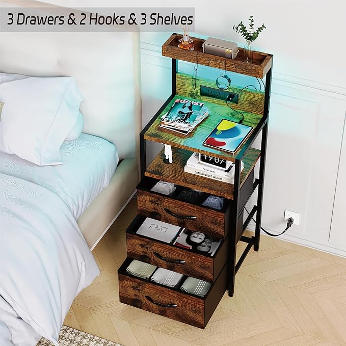 SZLHANJZ Night Stand, Nightstand with Charging Station, 3 Drawers Night Stand with Storage and LED Lights, 3 Shelves and Hooks, End Side Table for Bedroom, Rustic Brown