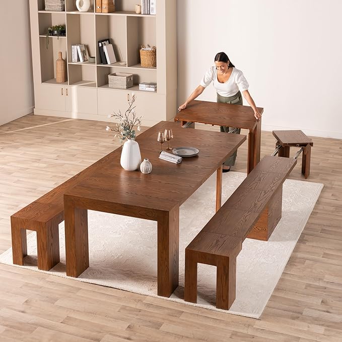 Transformer Table - Solid Wood Extendable Dining Table, Seats 2-12, Expandable Dining Room Table, Space-Saving Furniture, Kitchen and Dining Room Furniture (Brown, Table + 2 Benches)
