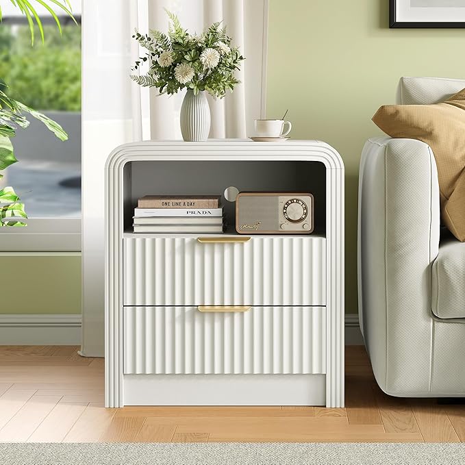 Decofy Fluted Nightstand with Charging Station, 19.7'' Wide Morden End Table with USB/Type-C Ports, 2 Drawers & Open Shelf, Curved Profile Design, Wood Bedside Table for Bedroom (White)