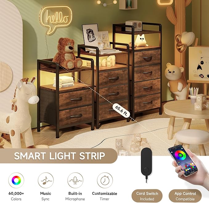 Lazzanto Night Stand Bedside Table Bedroom - Nightstand with Charging Station & LED Light Strip, Bed Side End Table with Storage Shelf & 3 Fabric Drawers, U-S-B Ports & AC Outlets, Rustic Brown