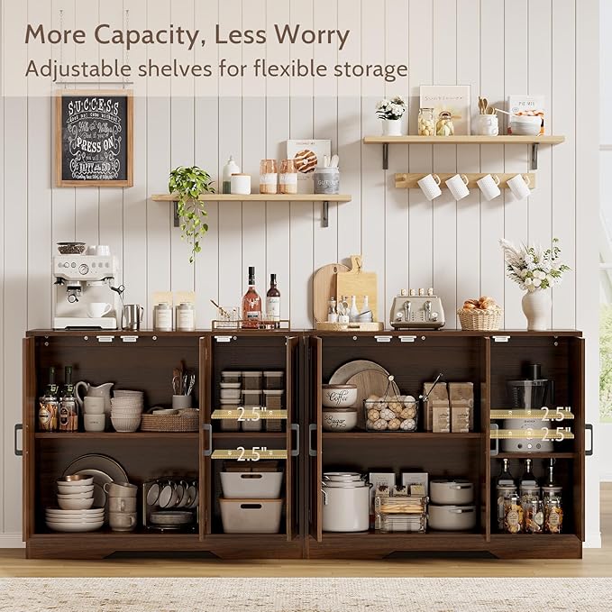 Modern Farmhouse Buffet Cabinet with Storage, 85" Large Sideboard Storage Cabinet with 6 Barn Doors, Coffee Liquor Bar Cabinet Wood Table Credenza with Adjustable Shelf for Kitchen Dining Living Room