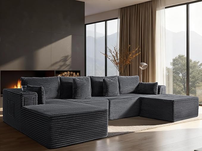 138" Oversized Cloud Sectional Couch, Comfort U Shaped Sofa for Living Room, Extra Deep Seats No Assembly, Minimalist Modular Couch, Corduroy (Dark Grey, 3 Seater+Left Facing Chaise+Ottoman)