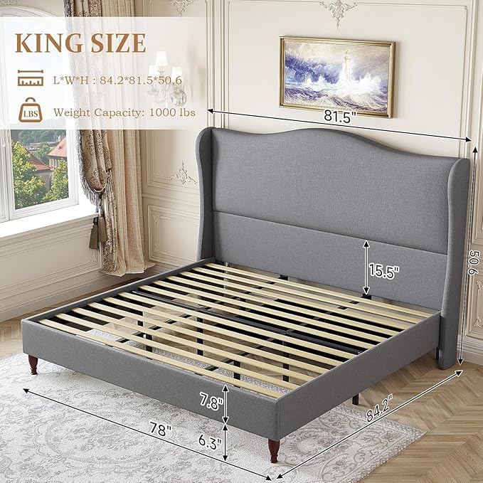 koorlian King Size Bed Frame Upholstered Platform Bed with 51" Tall Headboard Wingback, Soft Fabric, Retro Simple Style Platform Bed No Box Spring Needed, Easy Assembly, Grey