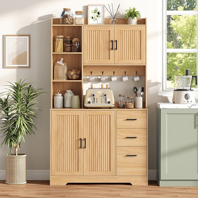Kitchen Pantry Cabinet with Charging Station, 68" Tall Storage Cabinet with 3 Drawers, 2 Cabinets, Open Shelves, Fluted Doors, Wood Kitchen Hutch with Microwave Stand for Dining Room Living Room