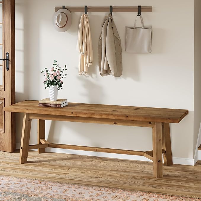 55" Solid Wood Bench, Farmhouse Long Bench Seat for Entryway, Dining Room, Living Room, Solid Wood, Rustic Brown