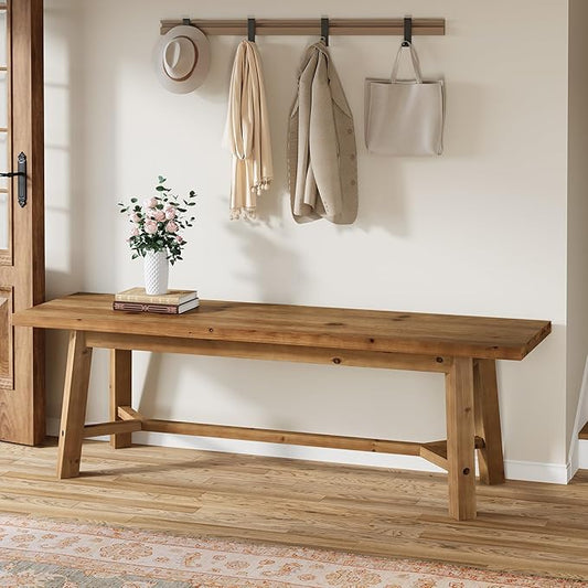 55" Solid Wood Bench, Farmhouse Long Bench Seat for Entryway, Dining Room, Living Room, Solid Wood, Rustic Brown