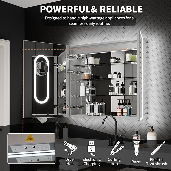 ExBrite 36 x 32 Lighted Medicine Cabinet with Mirror, Front&Backlit led Medicine Cabinet,Defog,5X Magnifier,3 Colors Temper Dimmable,Surface or Recessed Mount,Door Wide Open