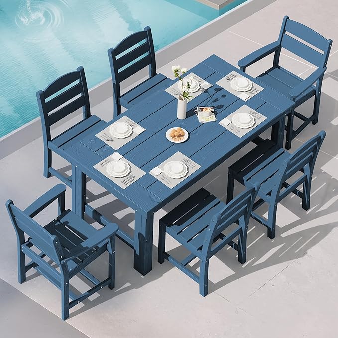 SERWALL Outdoor Dining Table Set, 67‘’ HDPE Patio Dining Set for 6, All-Weather Outdoor Table and Armless Chairs Set for Deck, Blue