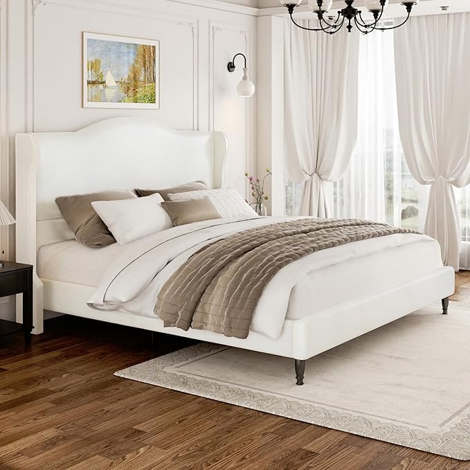 King Upholstered Bed Frame with Tall Headboard, Leather Platform Bed with Wingback Sides, Wood Slats Support, Noise-Free Design, No Box Spring Needed, Easy Assembly, White