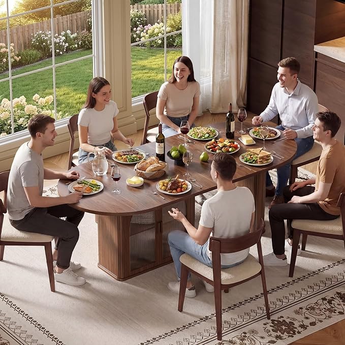 ONBRILL 70 Inch Oval Dining Table for 6-8, Modern Dining Room Table with 2-Tier Storage Space, Wood Kitchen Table with LED Light, Dinner Table with Heavy Duty Legs, Walnut