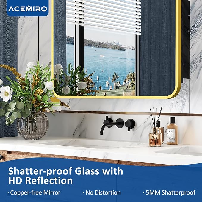 ACEMIRO 24x30 Inch Bathroom Medicine Cabinet with Mirror Gold Metal Framed Recessed or Surface Wall Mounted Mirrored Medicine Cabinets for Bathroom