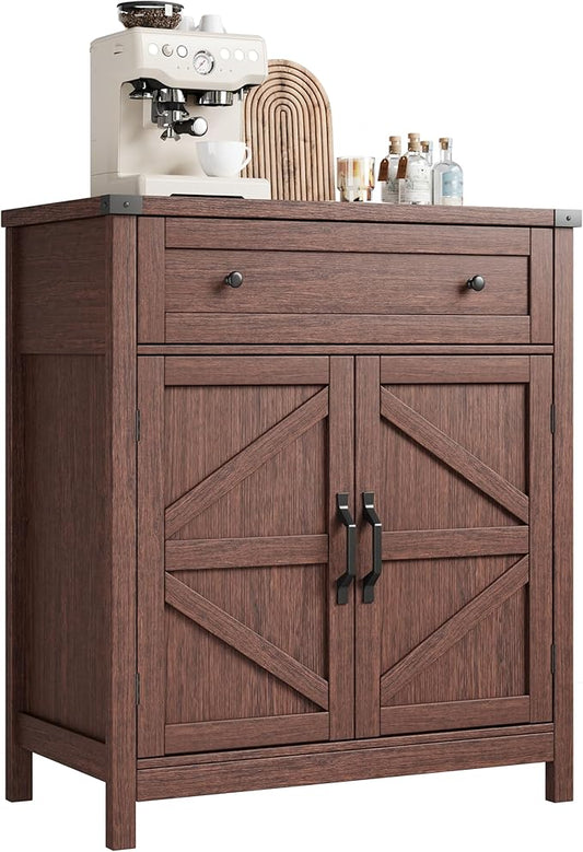 ChooChoo Kitchen Storage Cabinet, Coffee Bar Cabinet, Farmhouse Buffet Sideboard with Drawer for Kitchen, Living Room, Walnut