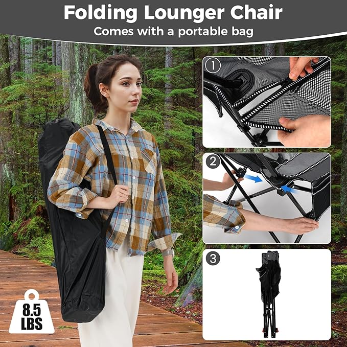 Goplus Camping Lounge Chair w/Detachable Footrest, Folding Beach Chair w/4-position Backrest, Carrying Bag, Removable Pillow, Cup Holder, Storage Pouch, Reclining Chair, 330LBS Capacity (Grey,1)