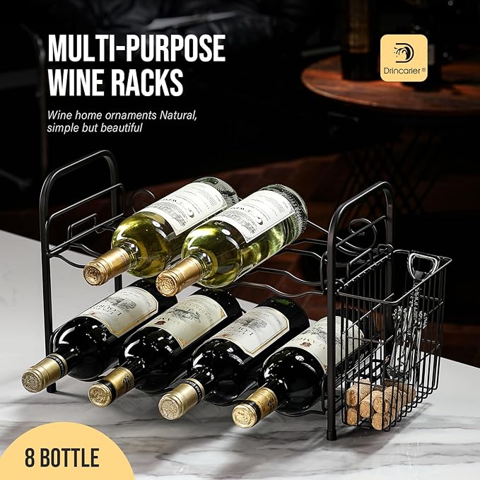 Wine Rack, 2-Tier 8 Bottles Wine Racks with Cork Holder Countertop Cabinet Wine Holder Wine Storage Shelf for Pantry Kitchen Bar Black