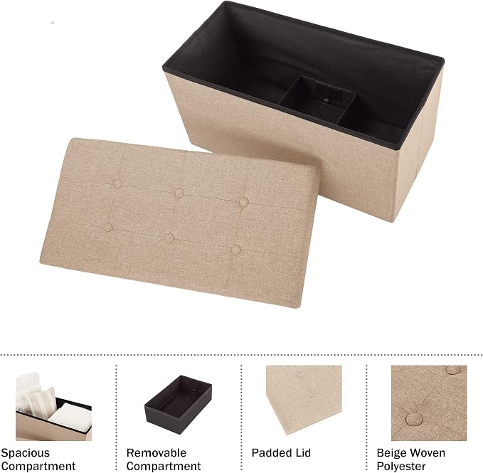 Lavish Home Folding Storage Ottoman - Set of 2 30-Inch Tufted Footrest, Linen Chest, or Bench with Removable Bin for Living Room, Bedroom, or Dorm (Beige)
