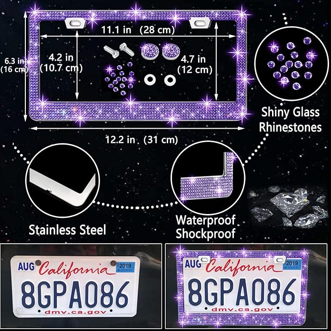NBTEPEM 27 PCs Purple Violet Bling Car Accessories Set for Women, Steering Wheel Covers Universal Fit 15 Inch, Bling License Plate Frame, Bling Phone Holder, Bling Car Coasters