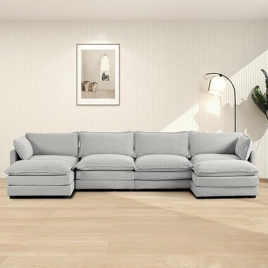 ROWHY 148'' Sectional Cloud Couch with 2 Ottomans, Oversized 4 Seat Sleeper Sofa with 2 Throw Pillows, Convertible Upholstered U Shaped Cozy Sofa Furniture Set for Living Room and Office, Light Grey