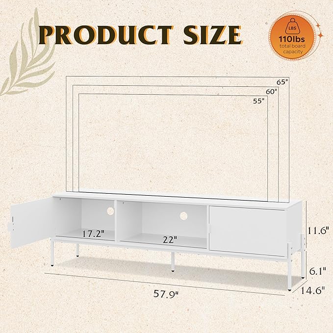 WLIVE 58" TV Stand for 65 Inch TVs, Mid Century Modern Entertainment Center with 2 Storage Cabinets & Open Shelf, Media Console Table with Metal Legs for Living Room, Bedroom, White
