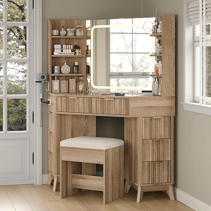 Yanosaku Corner Vanity Desk with Mirror and Lights, 8 Drawers & 6 Shelves, 47” Fluted Vanity with Charging Station, Glass Top, 3 Color Lighting Modes, Makeup Vanity with Chair for Bedroom, Oak