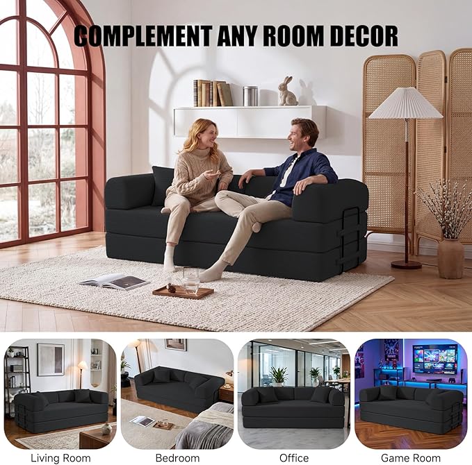 79" Compressed Sofa, Convertible Sofa Bed, Corduroy Compression Boneless Couch with Pillow, Comfy Modular Foldable Floor Sleeper Sofa for Bedroom, Living Room, Lounge, Studio (Black)