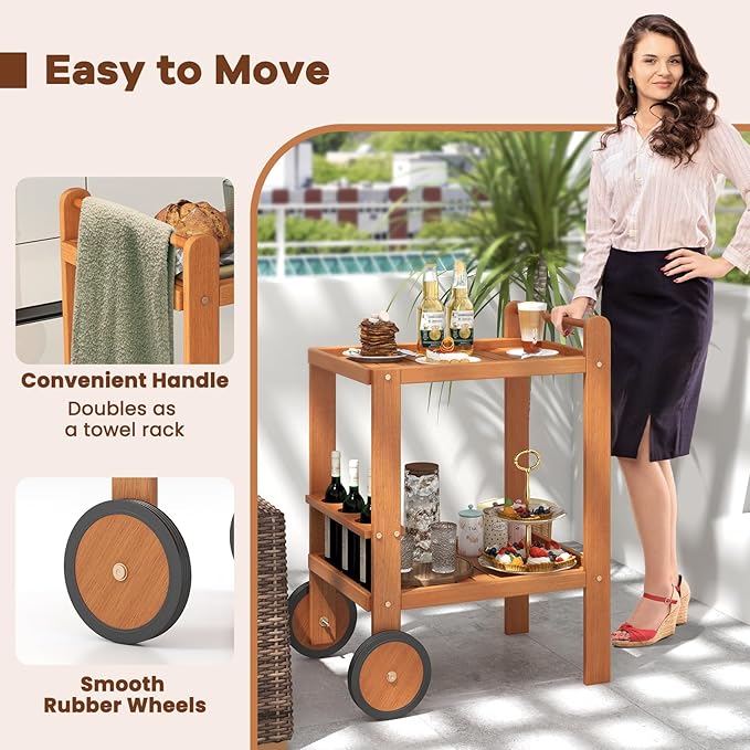 Tangkula Wood Bar Cart, Outdoor Indoor 2 Tier Rolling Serving Cart with Wine Bottle Holders and 2 Rubber Wheels, Bar Table Beverage Drink Cart for Kitchen, Patio, Garden and Poolside, Natural