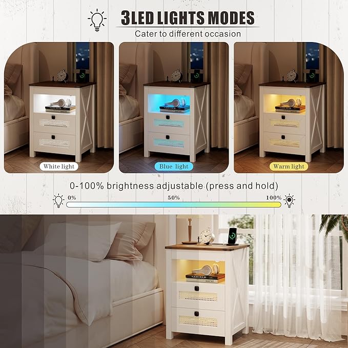Bedside Table Set of 2 with Charger Station, Night Stand with Gun Drawer, LED Nightstand with Human Sensor Light, Farmhouse End Table for Bedrooms Living Room, White