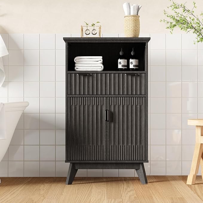 Fatmok Buffet Cabinet with Storage, 40" Modern Fluted Coffee Bar Cabinet with Drawer & Open Shelf, Wood Buffet Sideboard Console Table for Entryway, Kitchen, Living Room (Black)
