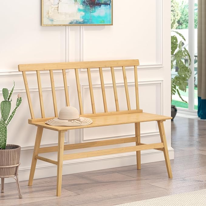 Bamboo Dining Bench, Entryway Bench with Spindle Back Farmhouse Wood Windsor for Foyer Balcony Living Room (Nature)