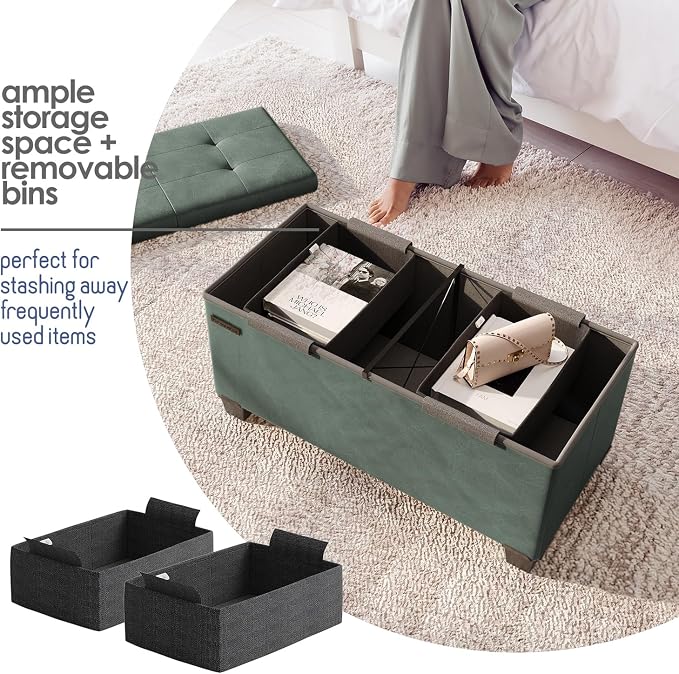 Storage Ottoman Bench with Bins, 30-in Storage Bench for Bedroom End of Bed, Folding Foot Rest Ottoman for Living Room Max 660lbs, Leather Ottomans, Green