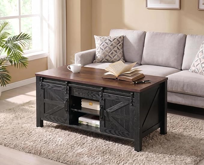 OKD 48" Farmhouse Lift Top Coffee Table with Sliding Barn Door, Rustic Center Table w/Hidden Storage Compartment, Lift Tabletop Dining Table w/Adjustable Shelf for Living Room,Black & Walnut Oak
