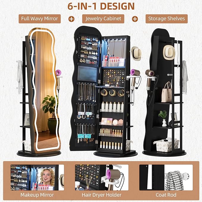 Vlsrka LED Mirror Jewelry Cabinet Standing, 360° Swivel Jewelry Aromire Organizer with Wavy Mirror, Lockable Jewelry Mirror with Storage, Jewelry Cabinet, Interior Mirror, Foldable Shelf (LED Black)
