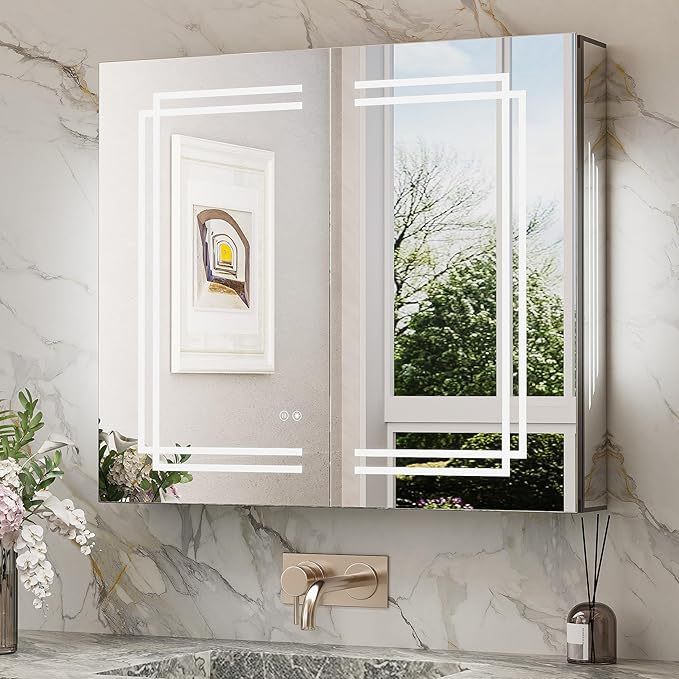 TokeShimi 30x26 Inch Lighted Medicine Cabinet, LED Medicine Cabinet with Lights, Wall-Mounted Bathroom Cabinet Mirror with 3 Color Temperature, Anti-Fog, CRI 80+, Memory Function, Tempered Glass