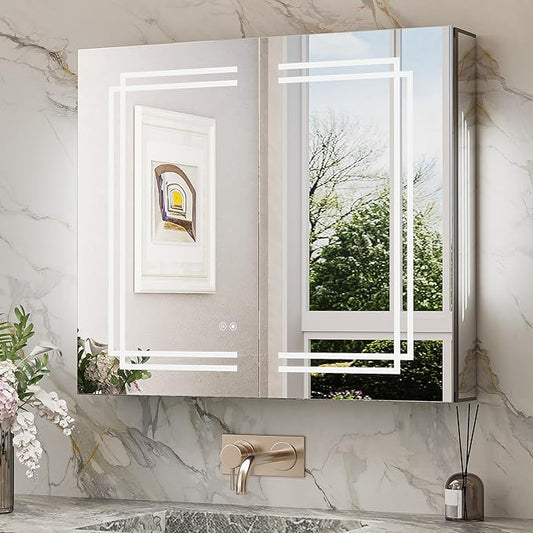 TokeShimi 30x26 Inch Lighted Medicine Cabinet, LED Medicine Cabinet with Lights, Wall-Mounted Bathroom Cabinet Mirror with 3 Color Temperature, Anti-Fog, CRI 80+, Memory Function, Tempered Glass