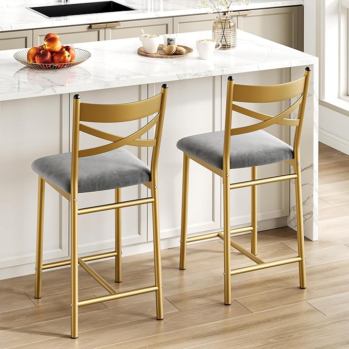 IDEALHOUSE 26" Counter Height Bar Stools Set of 2, Upholstered Bar Chairs with Back, Thick Cushion, Modern Counter Height Barstools for Kitchen Island, Apartment Counter, Dining Room Bar (2)