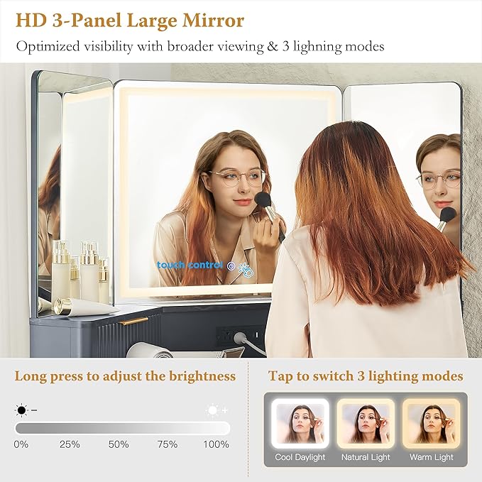 T4TREAM Corner Vanity Desk with Mirror and Lights, 48" Modern Fluted Makeup Vanity with Glass Top, 3-Panel Lighted Mirror & Charging Outlet, Dressing Table with 3 Drawers & 2 Cabinets, Dark Grey