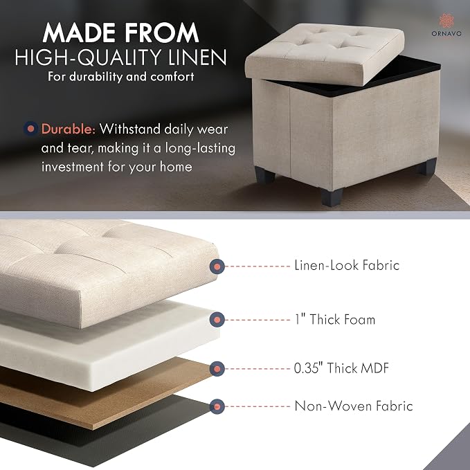 Ornavo Home Storage Ottoman Small Rectangle Ottoman with Legs, Foot Rest Stool Seat, Load up to 600 LB, for Living Room, Bedroom, Home Office, Dorm - 12 x 16 x 12, Beige