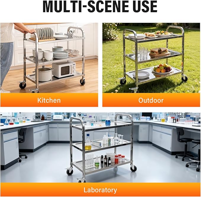 3-Tier Stainless Steel Utility Cart, 29.5"×15.7"×32.9", Rolling Kitchen Serving Trolley, Catering Storage Cart with 2 Lockable Wheels for Hotel, Restaurant, Home Use (Small)