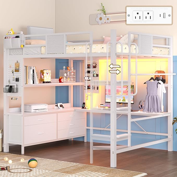 Dnxao Full Size Loft Bed with Desk and 5 Storage Drawers, Heavy Duty Metal Loft Bed with Charging Station, LED Lights & Pegboard, Space-Saving Workstation for Teens & Adults, White