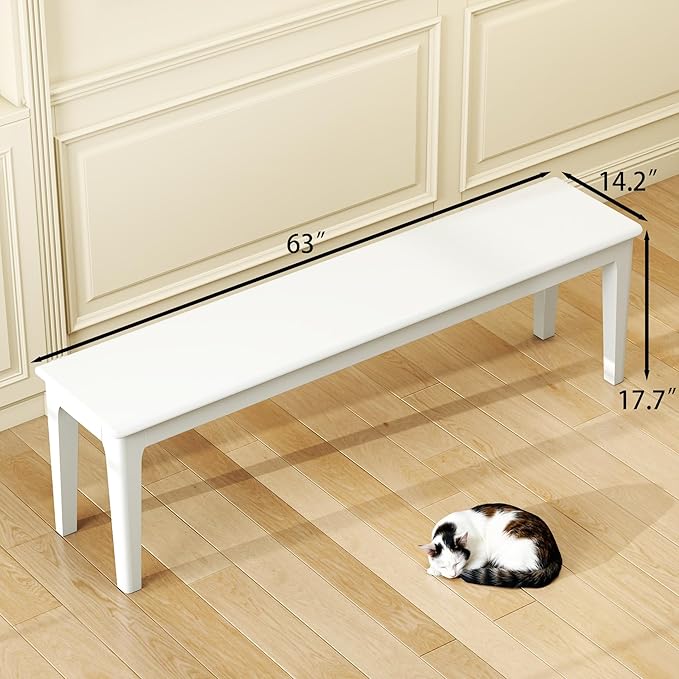 Dining Bench 63" Wood Solid Oak Wooden Bed End/Entryway Bench for Bedroom Living Room Kitchen(White)