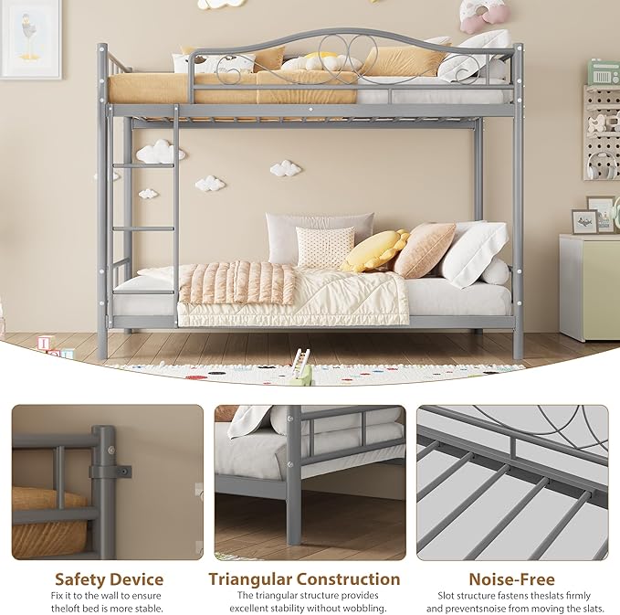 IDEALHOUSE Bunk Bed Twin Over Twin with Ladder & Full Safety Guardrail, Heavy Duty Metal Twin Over Twin Bunk Bed 400 Lbs Capacity, Space-Saving, Noise Free, No Box Spring Needed, Easy Assembly, Grey