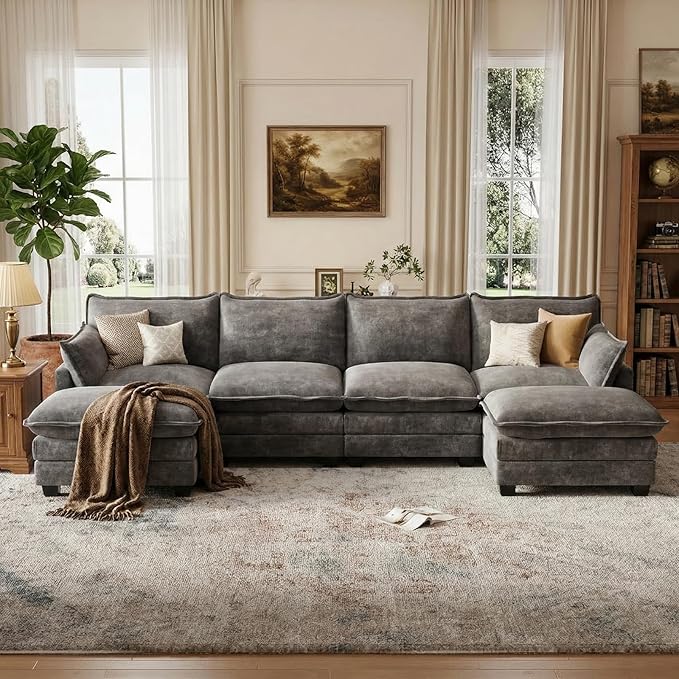 U Shaped Modular Sectional Sofa, Cloud Couch with Movable Ottoman, Comfy Chenille Sofa with Pillows for Living Room, Bedroom, Apartment, Dark Gray