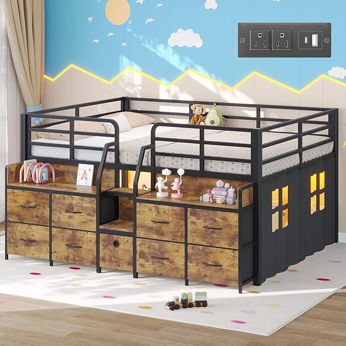 Dnxao Low Loft Bed Full Size with 9 Drawers and 2 Bookcases, Bed Frame for Kids with Charging Station & LED Lights, 15" H Safety Guardrail Metal, Under-Bed Play Space, Vintage Brown