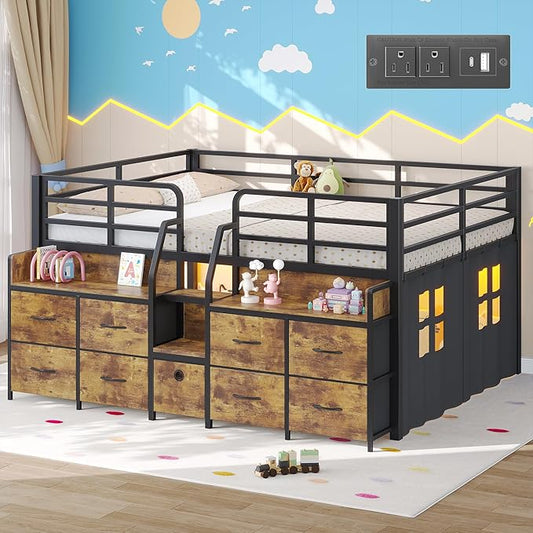 Dnxao Low Loft Bed Full Size with 9 Drawers and 2 Bookcases, Bed Frame for Kids with Charging Station & LED Lights, 15" H Safety Guardrail Metal, Under-Bed Play Space, Vintage Brown