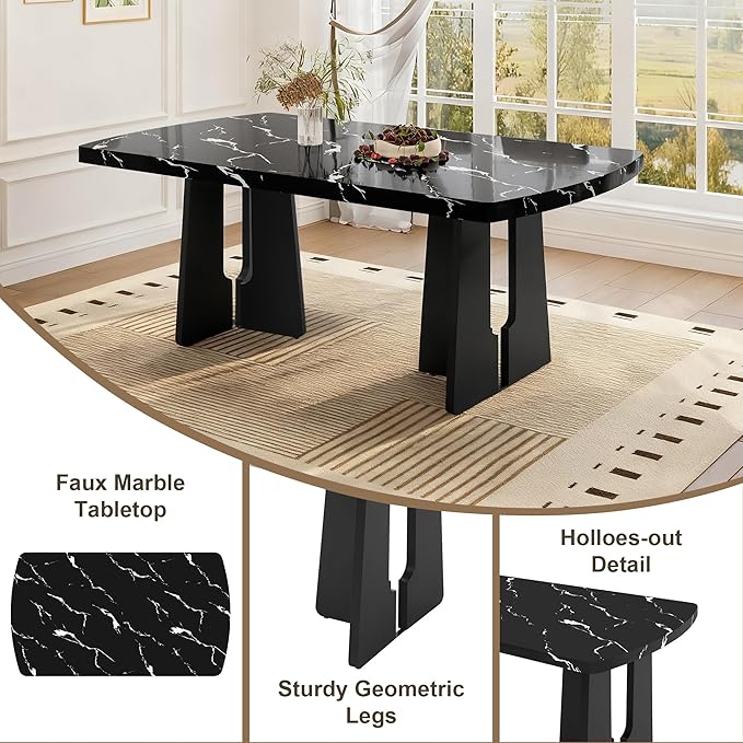 Merax 6-Piece Dining Table Set for 6, Modern Faux Marble Oval Kitchen Tabletop with Four Upholstered Chairs and One Bench for Dining, Living Room, Kitchen, Easy Assembly, Black+ Beige